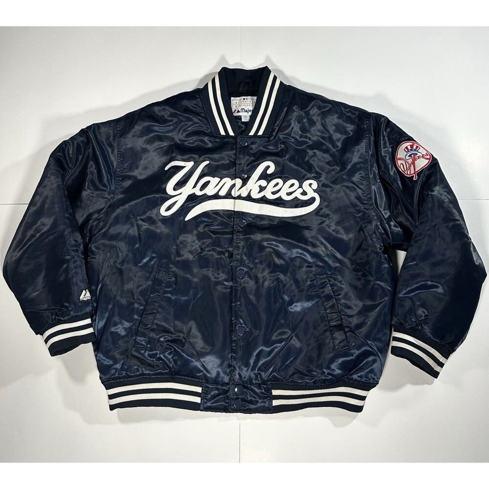 VTG Y2K Majestic Authentic New York Yankees Satin Bomber Jacket 2XL Navy Varsity